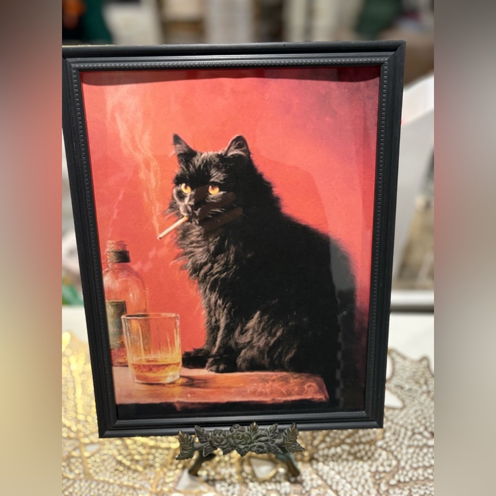 Framed 8x10 Humorous black cat smoking with whiskey glass